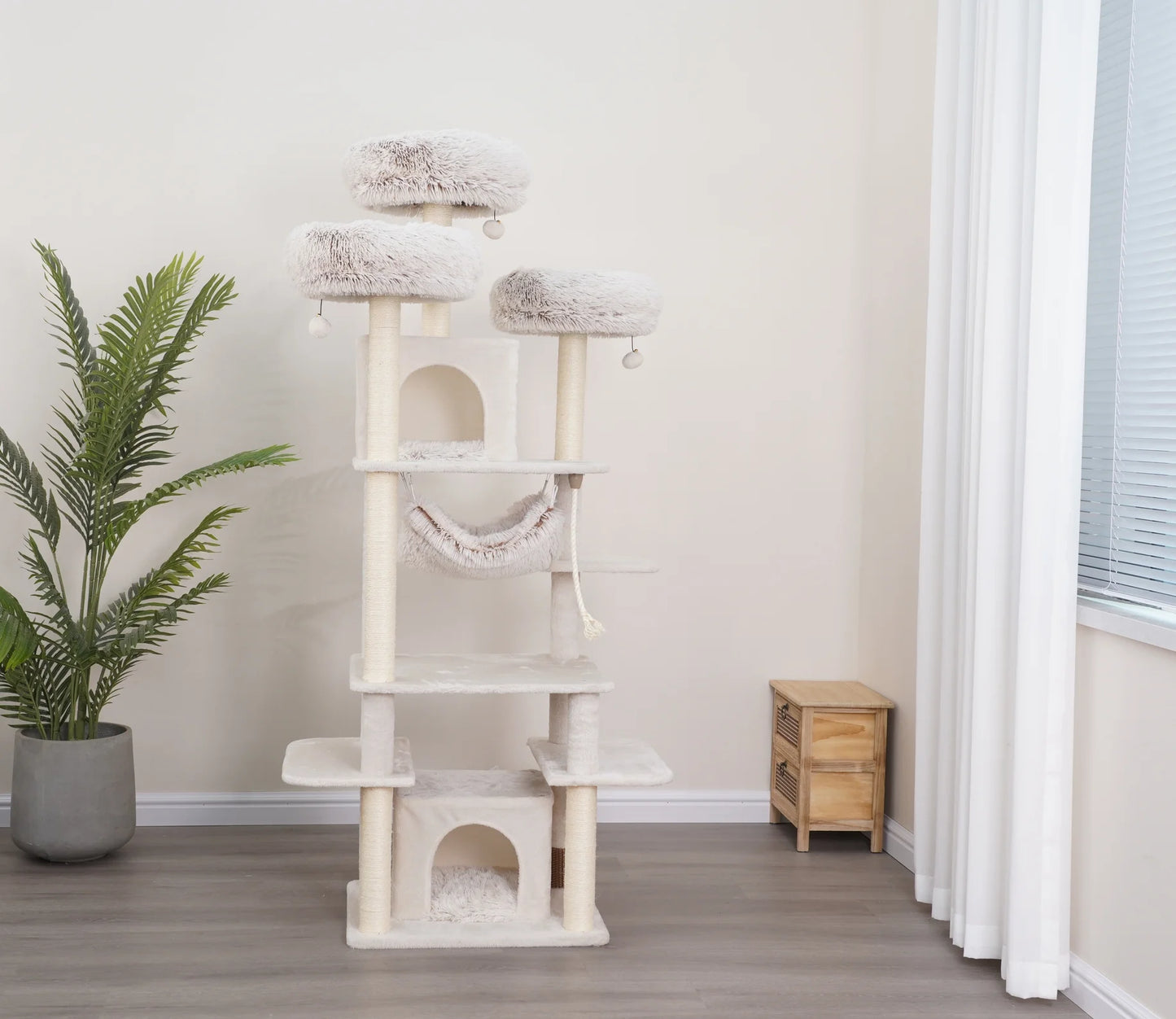8-Level 73" Cat Tree Sanctuary with Condos Hammock Perches Toys, Cream