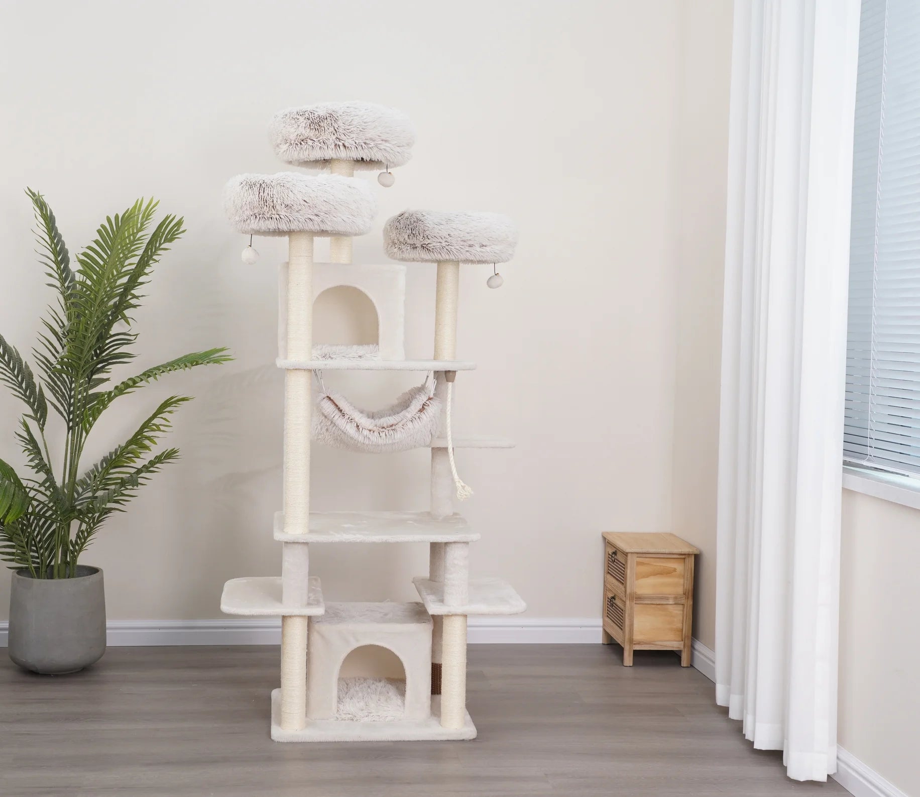 8-Level 73" Cat Tree Sanctuary with Condos Hammock Perches Toys, Cream