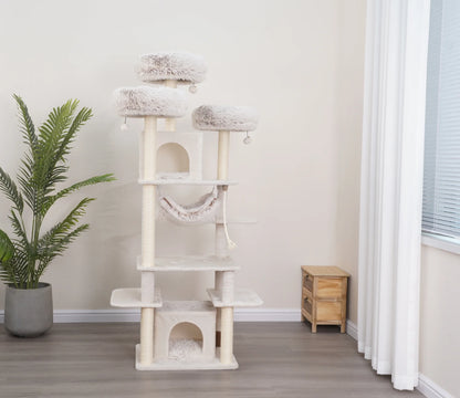 8-Level 73" Cat Tree Sanctuary with Condos Hammock Perches Toys, Cream