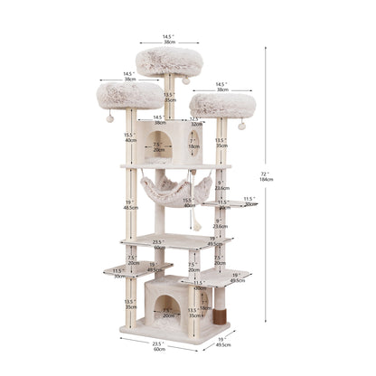 8-Level 73" Cat Tree Sanctuary with Condos Hammock Perches Toys, Cream