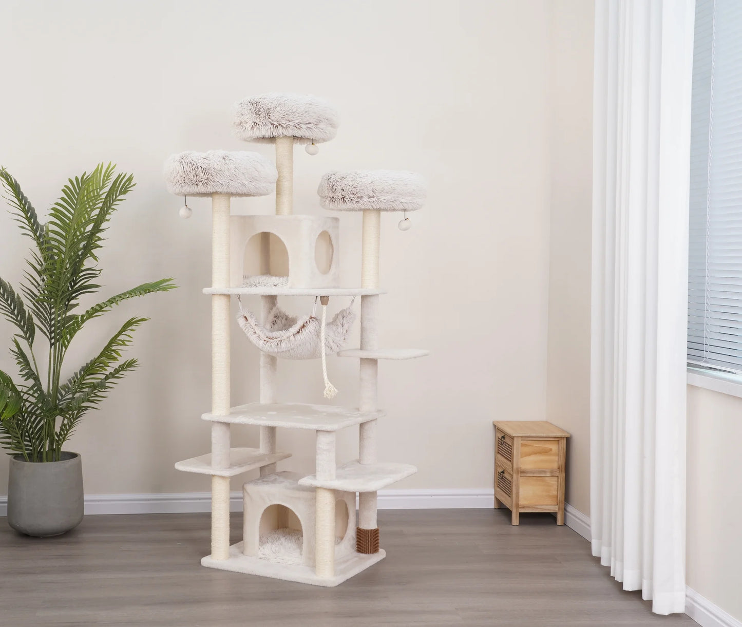 8-Level 73" Cat Tree Sanctuary with Condos Hammock Perches Toys, Cream
