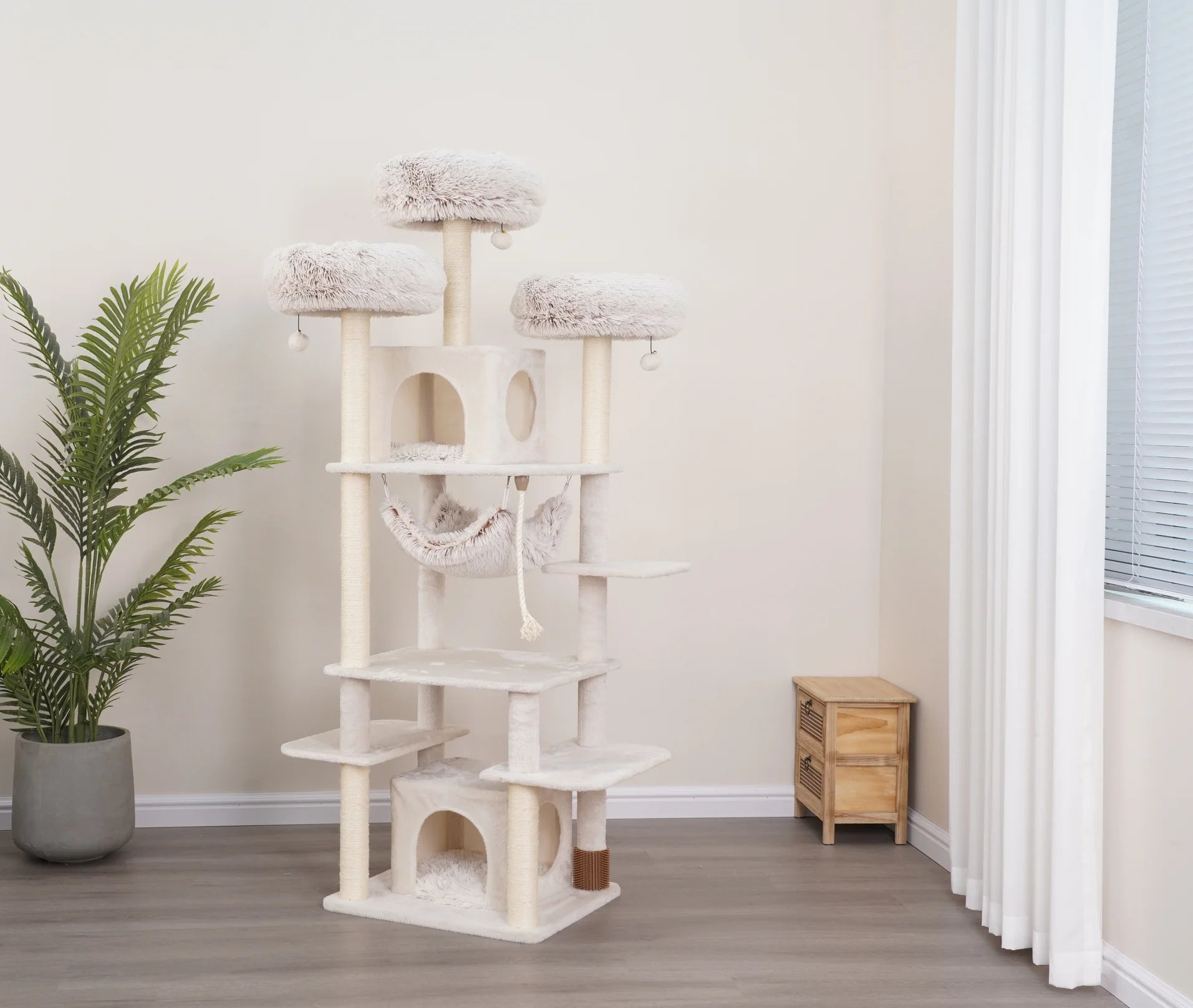8-Level 73" Cat Tree Sanctuary with Condos Hammock Perches Toys, Cream