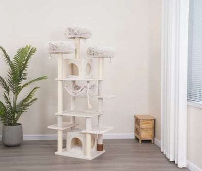 8-Level 73" Cat Tree Sanctuary with Condos Hammock Perches Toys, Cream